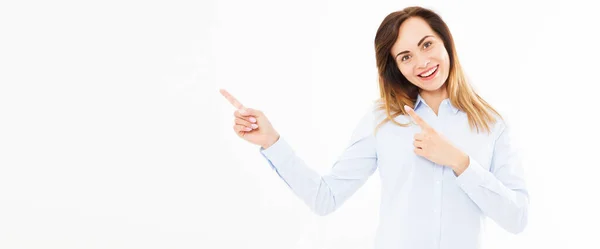 Happy Successful Business Woman Points Blank White Background Copy Space — Stock Photo, Image