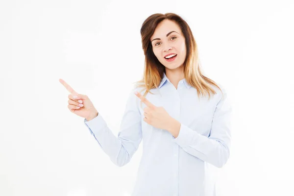 Smiling Attractive Sexy Woman Shirt Finger Pointing White Background Businesswoman — Stock Photo, Image