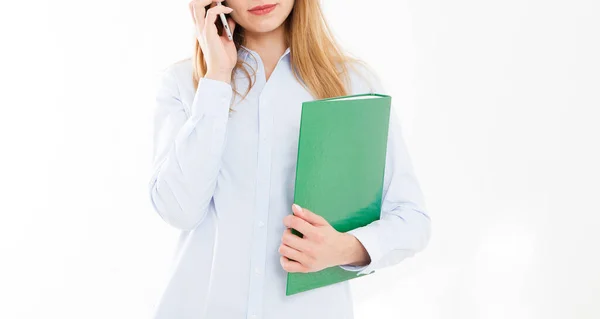 Isolerat Porträtt Business Girl Med Smartphone Kvinnan Som Tjallade Telefon — Stockfoto