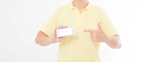 Man Shirt Håller Och Pekar Tom Skärm Mobiltelefon Isolerad Vit — Stockfoto