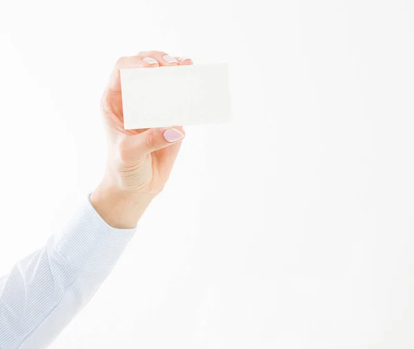Female Hand Holding Business Card Isolated White Background Copy Space — Stock Photo, Image