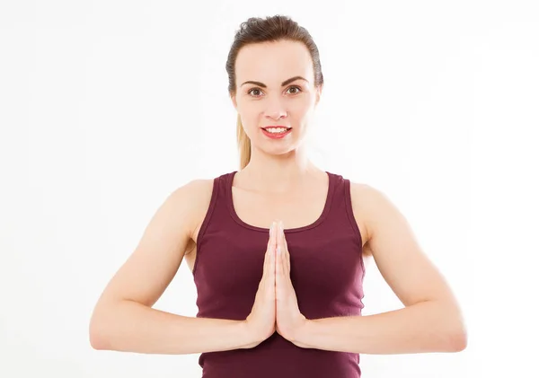 Nahaufnahme Der Hände Einer Sexy Lächelnden Frau Shirt Meditiert Drinnen — Stockfoto