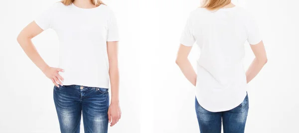 Vista Anteriore Posteriore Bella Donna Ragazza Elegante Shirt Sfondo Bianco — Foto Stock