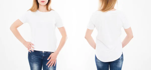 Vista Anteriore Posteriore Bella Donna Ragazza Maglietta Sfondo Bianco Collage — Foto Stock