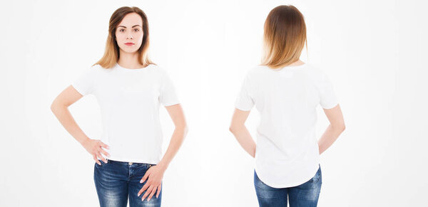 Front and back views of young sexy woman in stylish tshirt on white background. Mock up for design. Copy space. Template. Blank