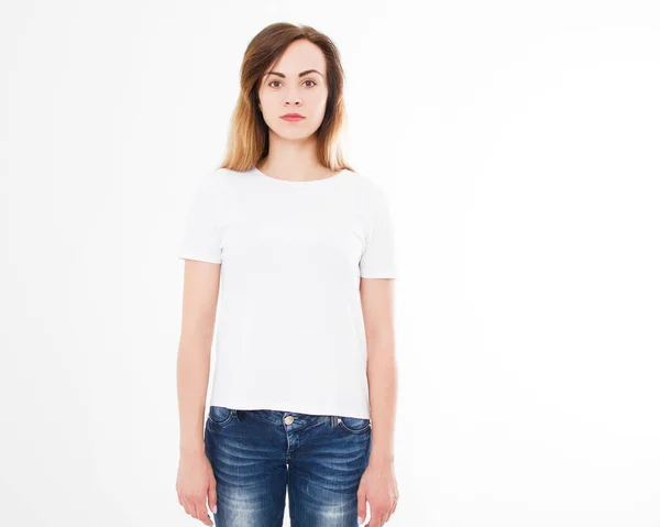 Tişört Tasarımı Insan Konsepti Güzel Bir Kadına Yakın Çekim Beyaz — Stok fotoğraf