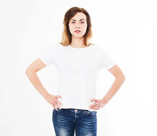Visão Frontal Mulher Sexy Shirt Isolada Fundo Branco Preparar Para — Fotografia de Stock