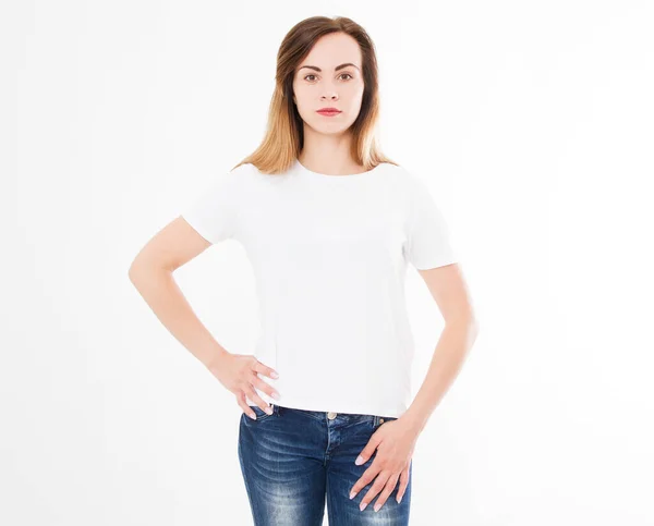 Tシャツデザイン 人々の概念 白いシャツのセクシーな女性の閉鎖 フロント隔離された デザインプリント用のテンプレートをモックアップします スペースのコピー — ストック写真