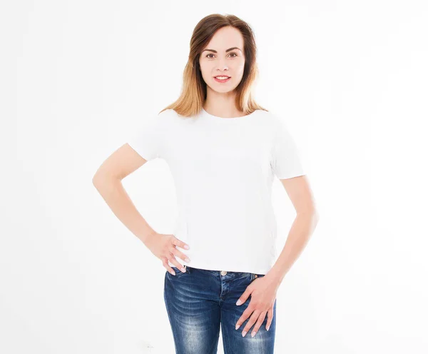 Diseño Camiseta Concepto Gente Primer Plano Mujer Sexy Camisa Blanca —  Fotos de Stock