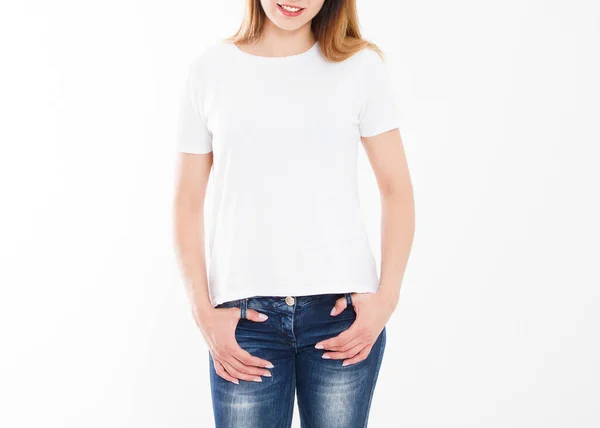 Shirt Design Concetto Persone Primo Piano Giovane Donna Camicia Bianca — Foto Stock