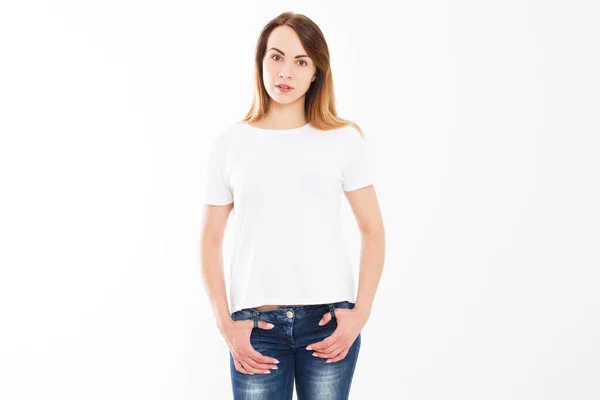 Vuoto Bianco Shirt Mock Felice Giovane Donna Sfondo Bianco — Foto Stock