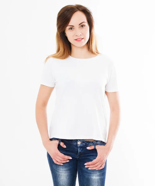 Mulher Muito Sexy Camiseta Branca Design Camisa Conceito Pessoas Camisas — Fotografia de Stock
