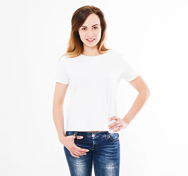 Sorriso Mulher Caucasiana Tshirt Isolado Fundo Branco Mock Para Design — Fotografia de Stock