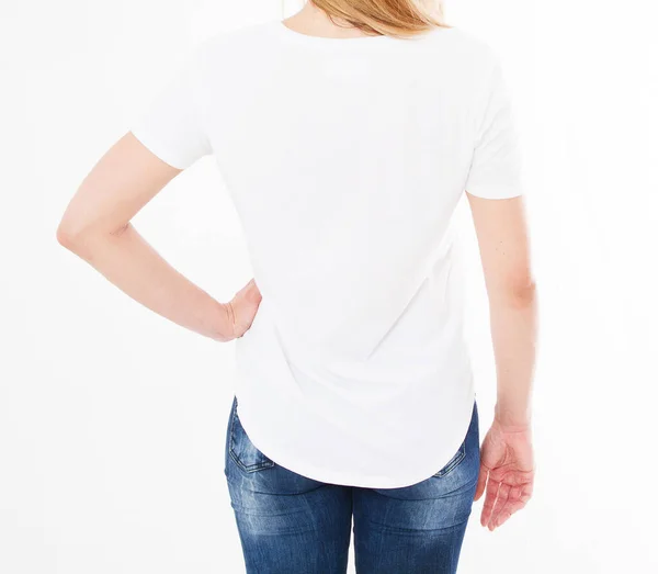 Ritratto Donna Vista Posteriore Shirt Bianco Finto Design — Foto Stock