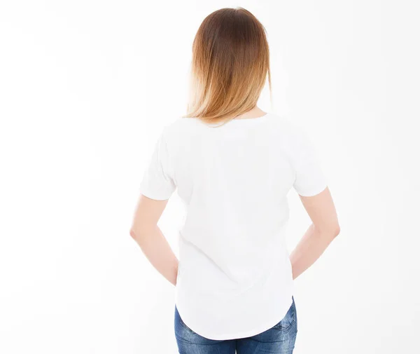 Visão Traseira Jovem Menina Tshirt Elegante Fundo Branco Preparem Para — Fotografia de Stock