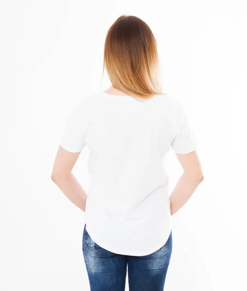 Back View Κορίτσι Γυναίκα Λευκό Shirt Απομόνωση Λευκό Φόντο Κενό — Φωτογραφία Αρχείου