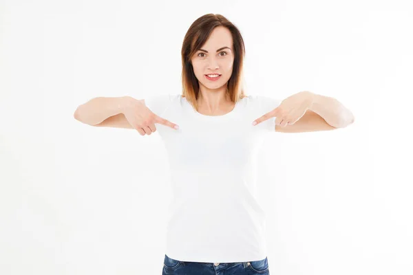 Shirt Design People Concept Closeup Young Woman White Shirt Front — Stock Photo, Image
