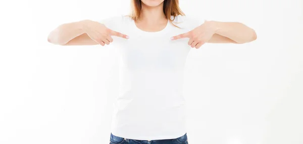 Diseño Camiseta Concepto Gente Primer Plano Mujer Joven Camisa Blanca —  Fotos de Stock