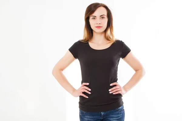 Jovem Caucasiano Menina Mulher Preto Elegante Shirt Fundo Branco Preparem — Fotografia de Stock