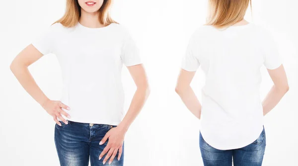 Vistas Frontales Traseras Mujer Bonita Chica Camiseta Elegante Sobre Fondo — Foto de Stock