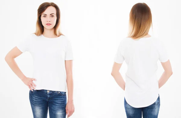 Fram Och Baksida Ung Sexig Kvinna Snygg Shirt Vit Bakgrund — Stockfoto