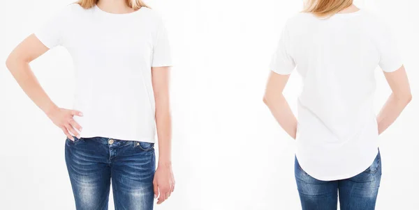 Vista Frontal Traseira Mulher Bonita Menina Tshirt Elegante Fundo Branco — Fotografia de Stock