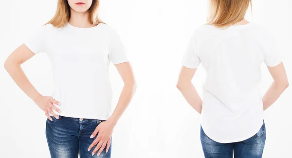 Przodu Tyłu Widok Ładnej Kobiety Dziewczyny Koszulce Białym Tle Kolaż — Zdjęcie stockowe
