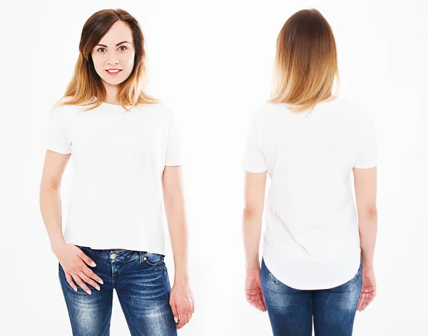 Vista Anteriore Posteriore Giovane Donna Sexy Elegante Shirt Sfondo Bianco — Foto Stock