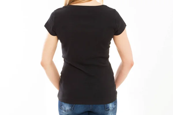 后视镜 穿着空黑色T恤的女人的身体模拟近距离隔离 — 图库照片
