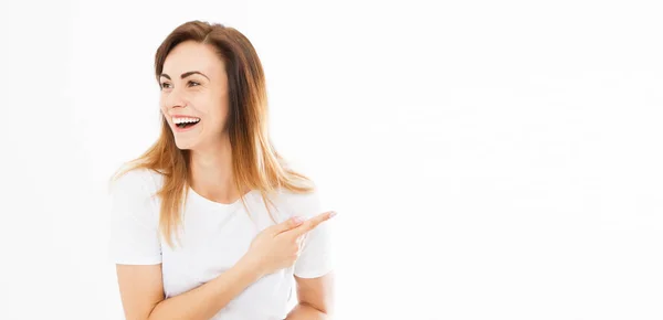 Pretty Cheerful Happy Emotional Woman Gesturing Fingers Showing Away Image — Stock Photo, Image
