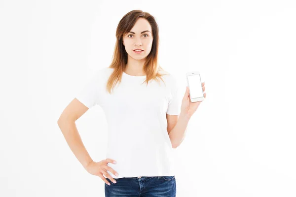 Söt Kvinna Med Smartphone Stående Vit Bakgrund Glad Vacker Ung — Stockfoto