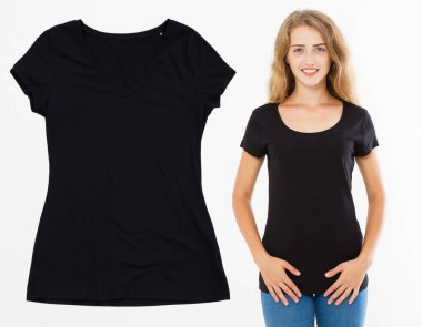 Siyah tişörtlü genç kız, fotokopi odası, boş tişört, boş tişört kadın.