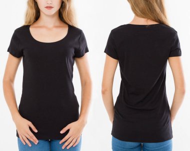 Kolaj tişörtlü seksi kadın beyaz kadın gömleği giyiyor.