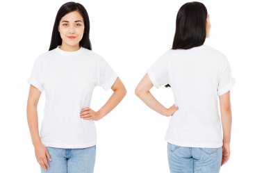 Set, kolaj Asyalı, tişörtlü Koreli kadın beyaz arka planda izole edilmiş, tasarım için hazırlan. Uzayı kopyala Şablon. Boşluk