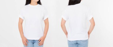 Beyaz arka planda şık tişörtlü Asyalı genç Japon bir kadının ön ve arka görüşü. Tasarım için hazırlan. Uzayı kopyala Şablon. Boşluk
