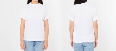 Beyaz arka planda şık tişörtlü Asyalı genç Japon bir kadının ön ve arka görüşü. Tasarım için hazırlan. Uzayı kopyala Şablon. Boşluk