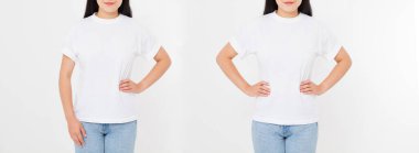 Beyaz arka planda şık tişörtlü Asyalı genç Japon bir kadının ön ve arka görüşü. Tasarım için hazırlan. Uzayı kopyala Şablon. Boşluk