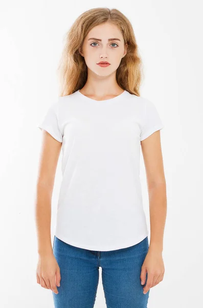 Joven Sexy Mujer Caucásica Blanco Camiseta Diseño Camisetas Concepto Personas —  Fotos de Stock