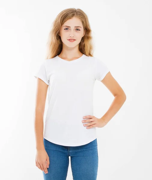 Jonge Sexy Blanke Vrouw Blank Wit Shirt Shirt Ontwerp Mensen — Stockfoto