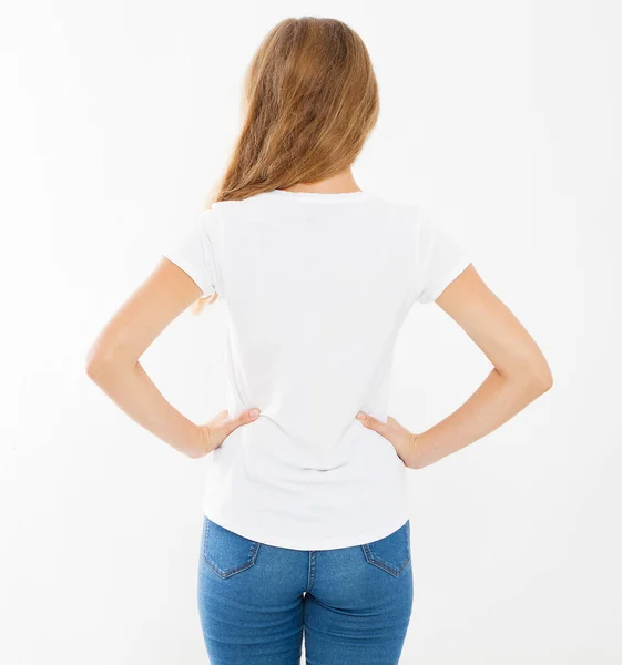 Mulher Vista Para Trás Menina Branco Shirt Shirt Design Conceito — Fotografia de Stock