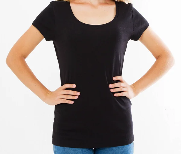 Jonge Vrouwen Zwart Shirt Witte Achtergrond Closeup — Stockfoto