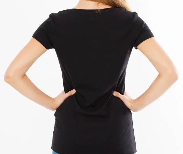 Meisje Leeg Zwart Shirt Achteraanzicht Copyspace — Stockfoto