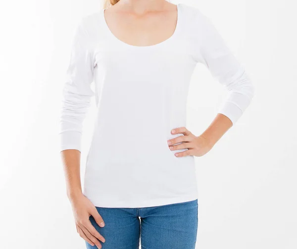 Shirt Blanc Sur Modèle Jeune Femme Isolé Sur Fond Blanc — Photo