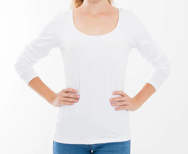 Bianco Shirt Una Giovane Donna Modello Isolato Sfondo Bianco — Foto Stock