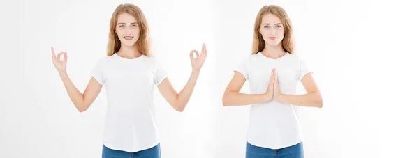 Collage Mujer Con Expresión Tranquila Relajada Pie Postura Yoga Con —  Fotos de Stock