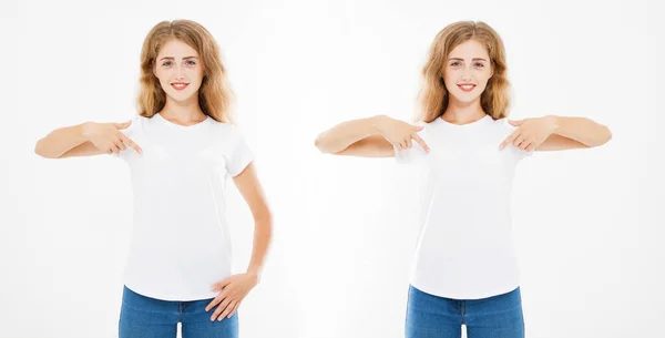 白い背景に隔離された白いTシャツの可愛い女性のセットフロントビュー 喜びのためにモック — ストック写真