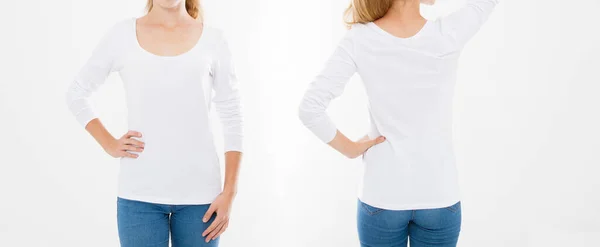 白い背景にスタイリッシュなTシャツを着た若い白人女性の正面と背面の景色 デザインのためにモックアップ コピースペース テンプレート ブランク — ストック写真