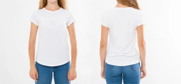 穿着白色背景的时髦T恤的年轻高加索女青年的前后视图 为设计做准备 复制空间 空白的 — 图库照片