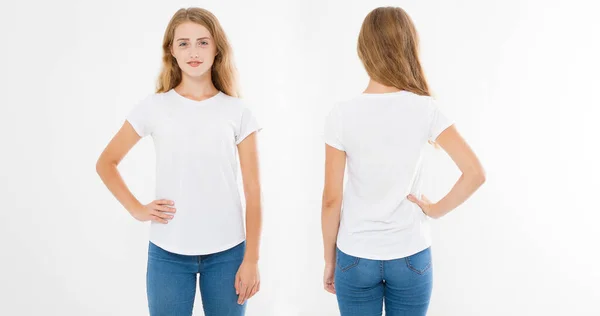 Vista Anteriore Posteriore Della Giovane Donna Caucasica Elegante Shirt Sfondo — Foto Stock