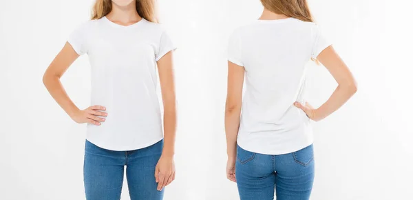 Vue Avant Arrière Jeune Femme Caucasienne Shirt Élégant Sur Fond — Photo